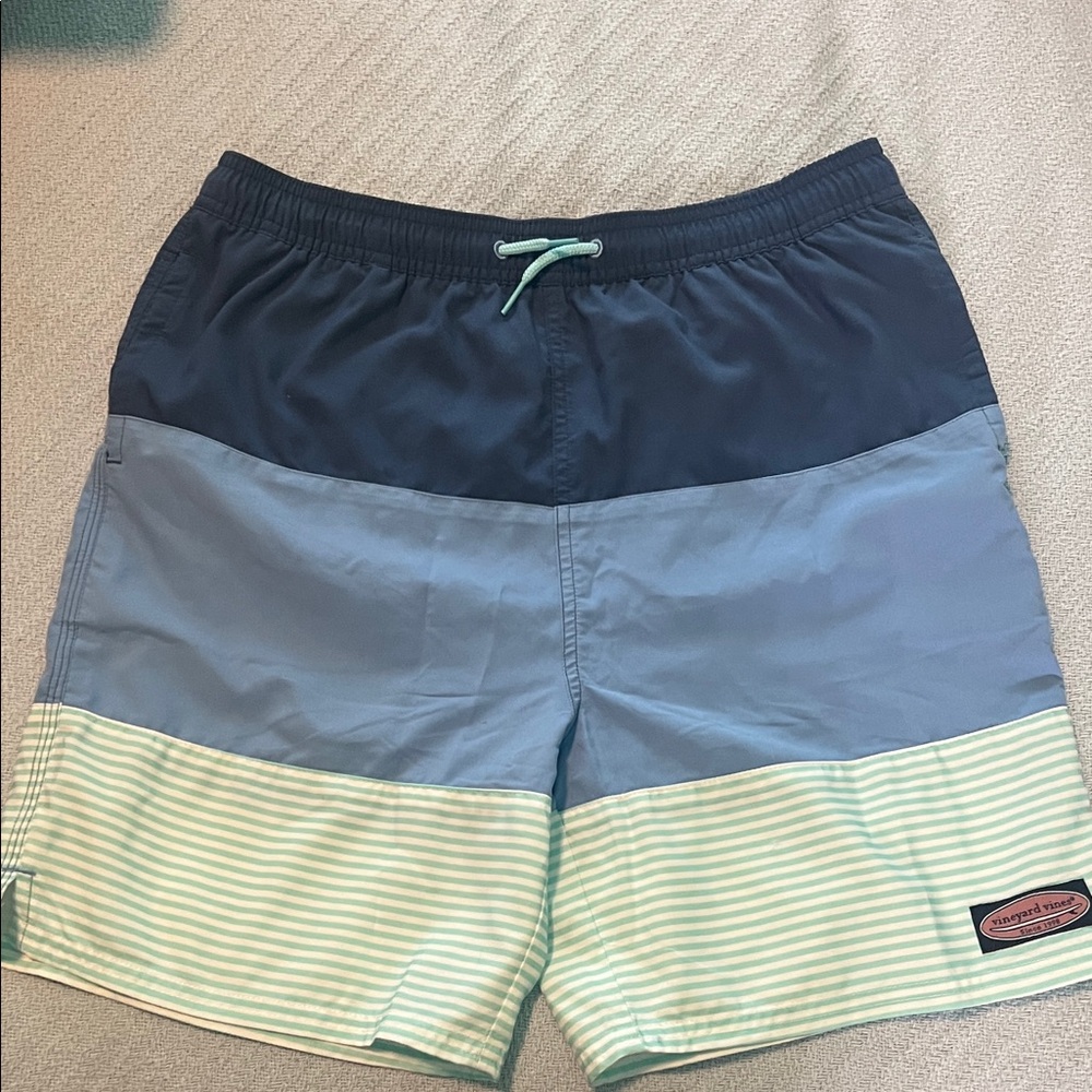 Vineyard Vines Boys Navy, Light Blue & Mint Colorblock Swim Trunks